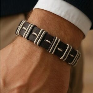 Set of 4 Men's Brown and Black Leather Bracelets